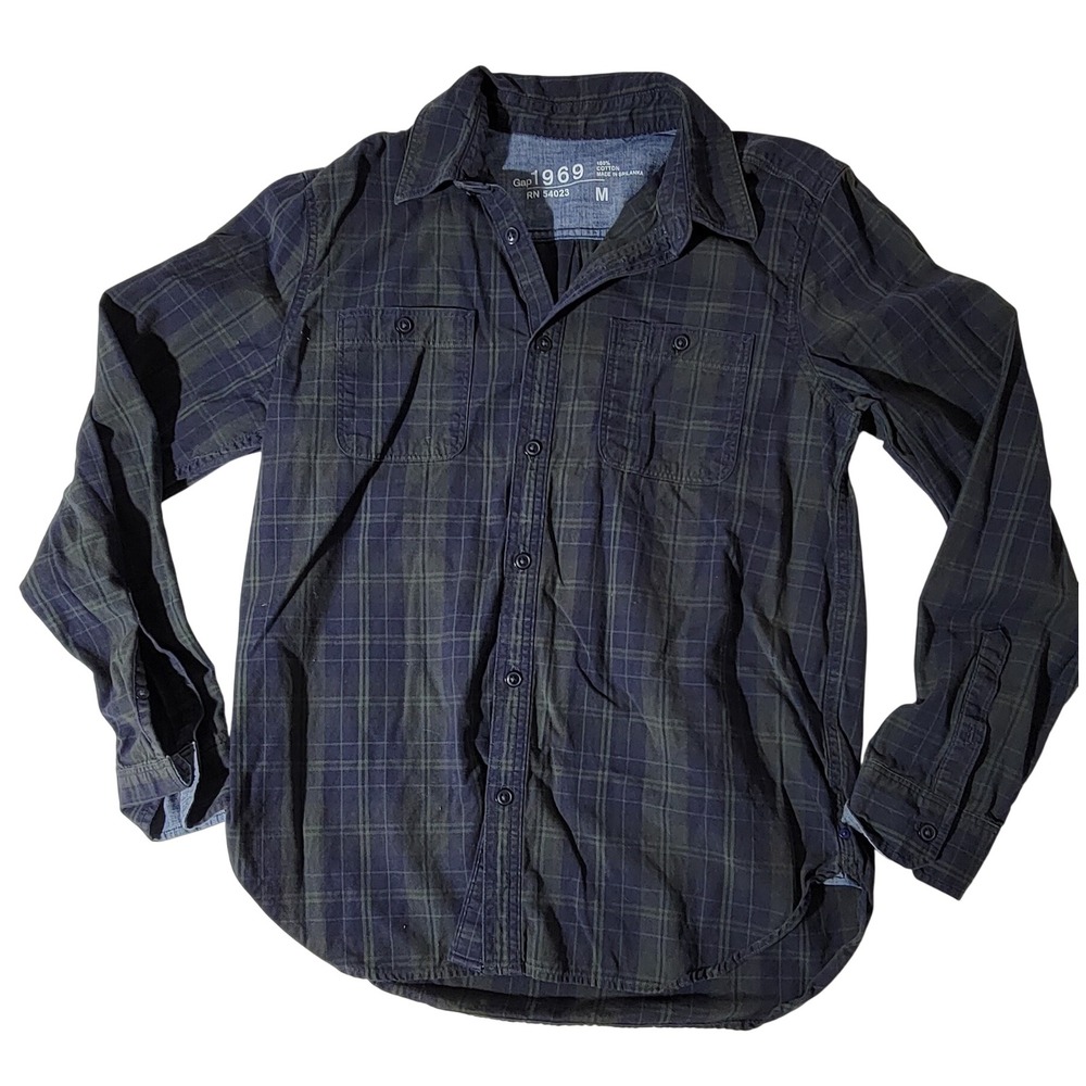 Gap 1969 Mens Plaid Button Down Shirt Green Navy Blue Cotton Size M